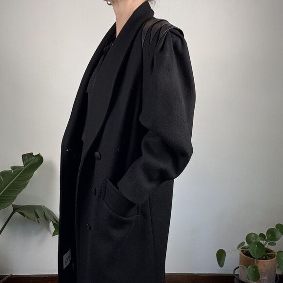 Vintage Jofeld 80s Double Breasted Black Wool & Leather Trench Coat USA ILGWU - Picture 9 of 14